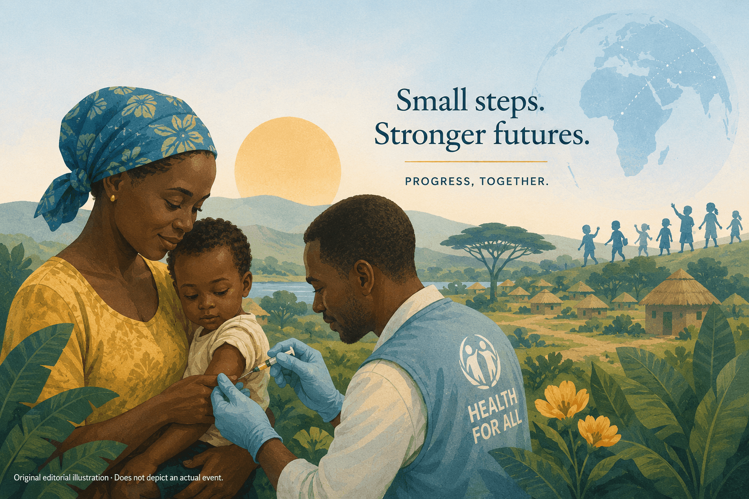 Original editorial illustration of a health worker vaccinating a baby held by their mother in a rural African landscape