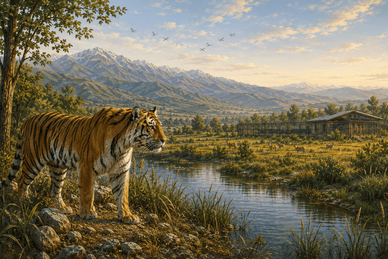 Editorial illustration of a tiger in a restored wetland landscape, representing Kazakhstan's tiger reintroduction effort.