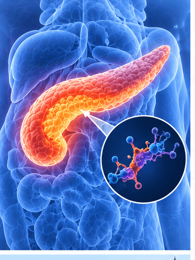 Editorial illustration showing a highlighted pancreas and a molecular treatment concept.