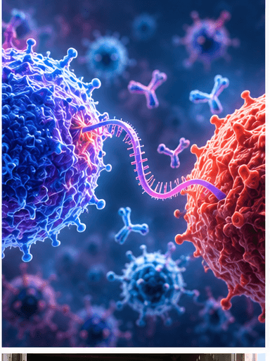 Editorial illustration of an mRNA strand between immune and cancer cells, representing personalized melanoma treatment research.
