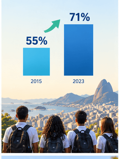 Editorial illustration of Brazilian students beneath a chart showing high-school completion rising from 55 percent in 2015 to 71 percent in 2023.