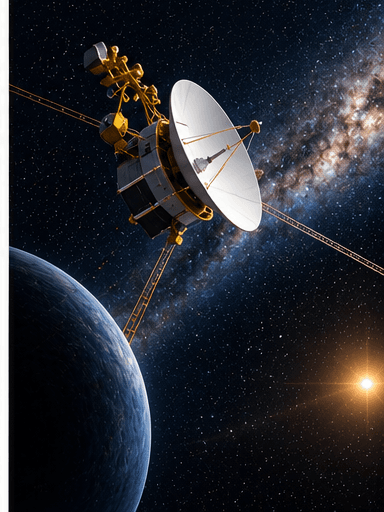 Editorial illustration of the Voyager 1 spacecraft traveling through interstellar space.